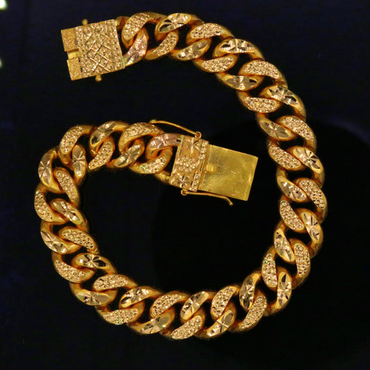 22k yellow gold solid link chain bracelet with fabulous diamond cut design unique locking system men's heavy bracelet gifting jewelry - TRIBAL ORNAMENTS
