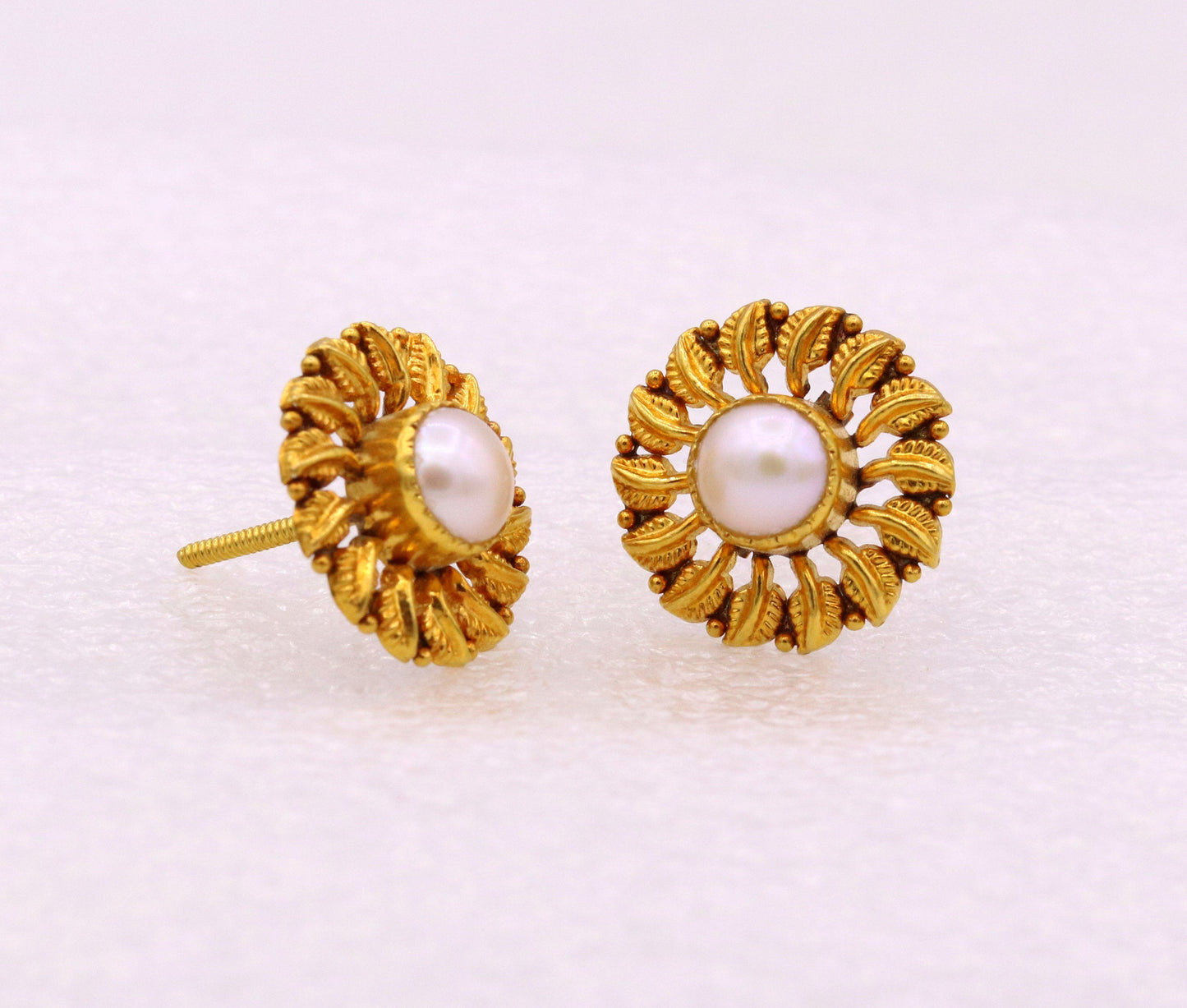 Vintage handmade tree leaf design handmade 22karat yellow gold stud earring with pearl tribal jewelry from rajasthan india er78 - TRIBAL ORNAMENTS