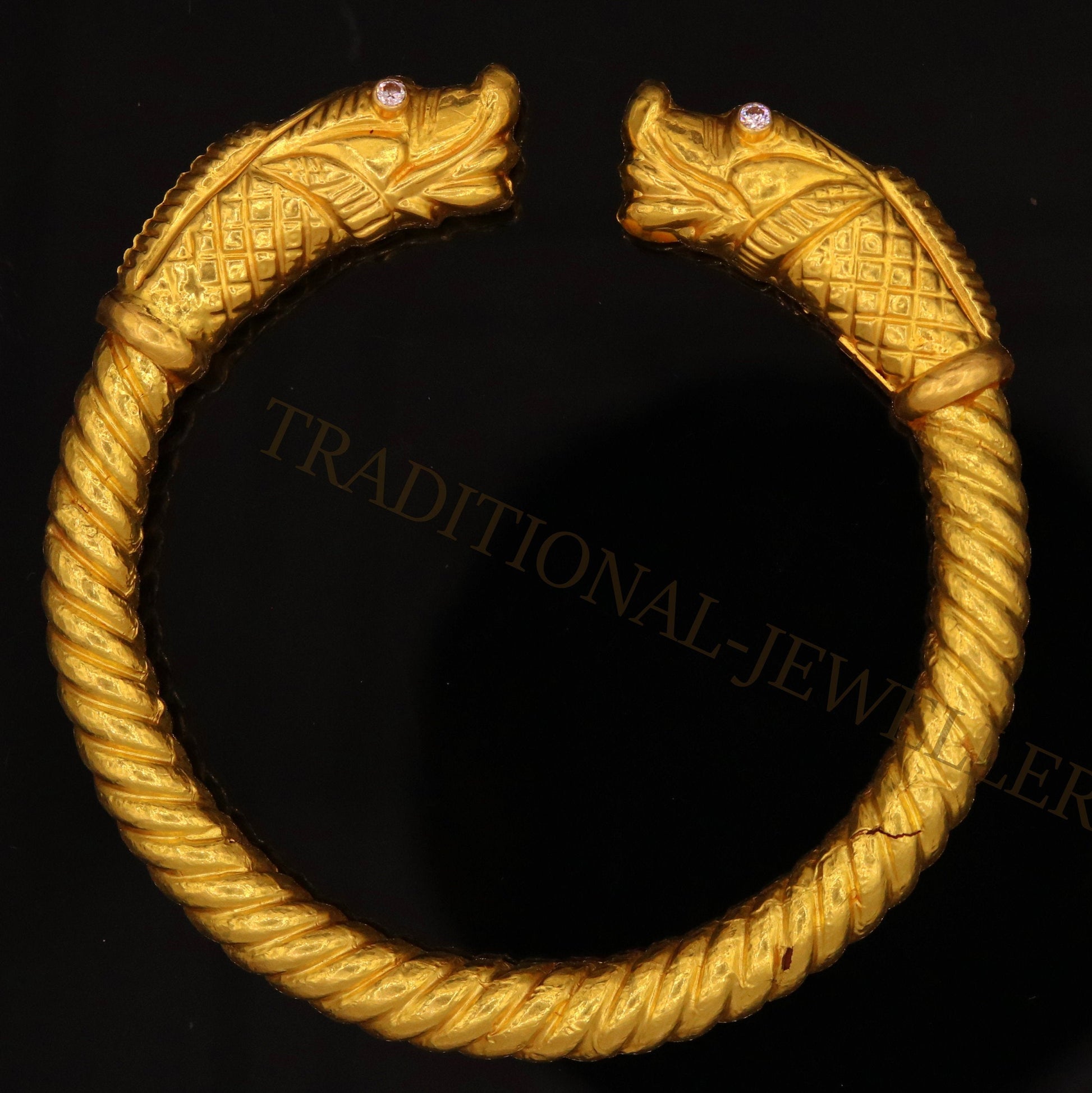 22kt yellow gold handmade crocodile face bangle bracelet kada for men's jewelry gorgeous indian antique design tribal jewelry - TRIBAL ORNAMENTS