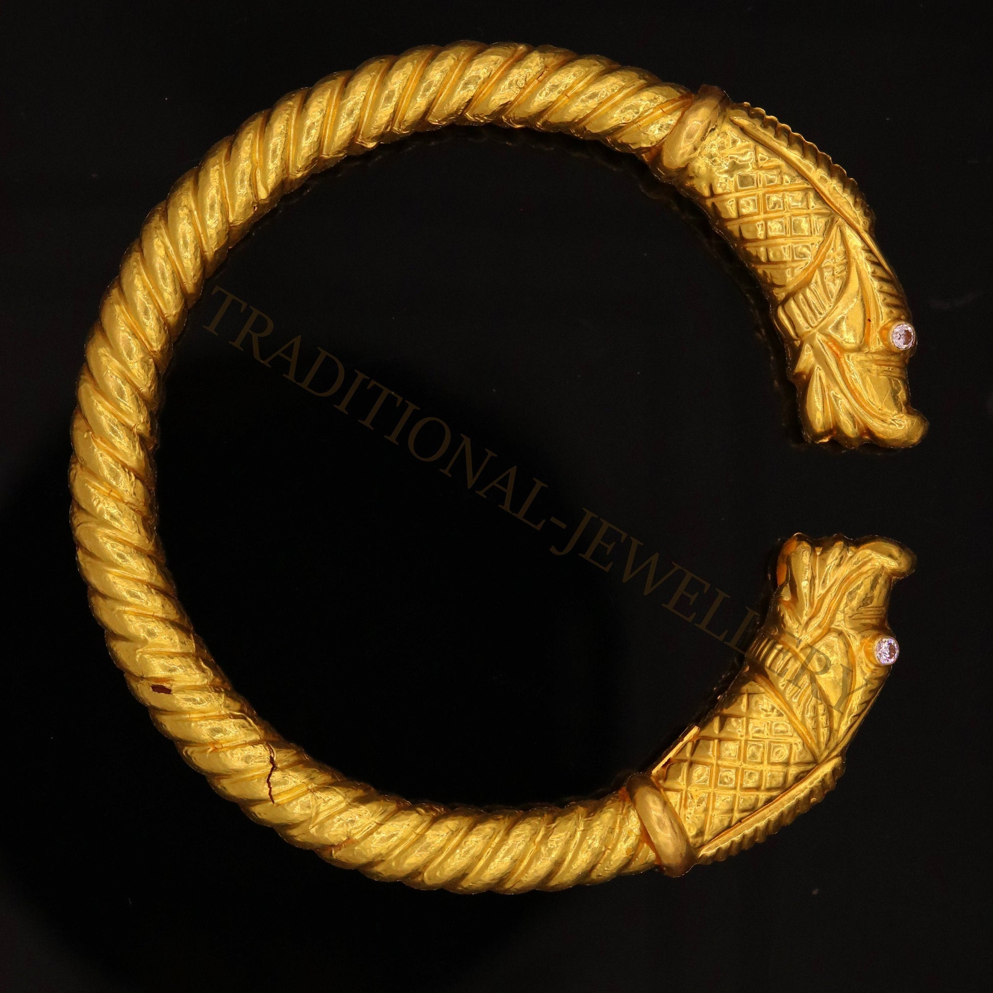 22kt yellow gold handmade crocodile face bangle bracelet kada for men's jewelry gorgeous indian antique design tribal jewelry - TRIBAL ORNAMENTS