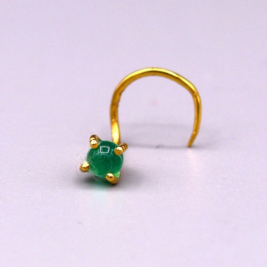 22 karat gold handmade fabulous nose pin single green stone women's jewelry - TRIBAL ORNAMENTS