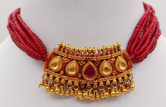 22kt yellow gold handmade excellent vintage antique tussi design necklace set awesome tribal jewelry From rajasthain India set60 - TRIBAL ORNAMENTS
