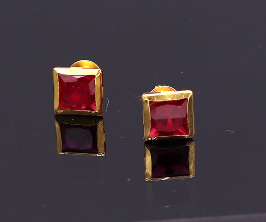 6 mm 18k yellow gold handmade fabulous ruby color stone excellent designer stud earrings pair unisex jewelry - TRIBAL ORNAMENTS