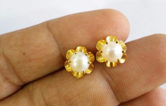 Indian traditional style vintage antique designer gorgeous 22karat yellow gold natural pearl stud earrings pair best collection er80 - TRIBAL ORNAMENTS