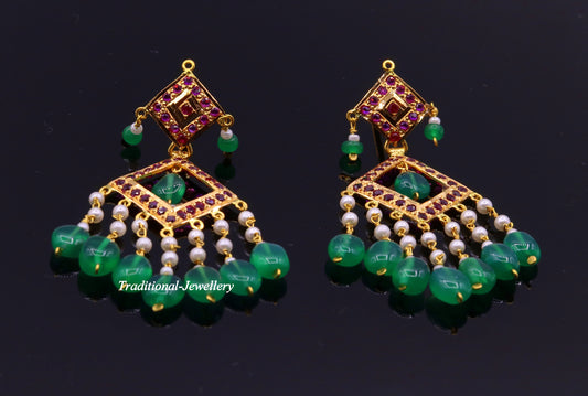 Authentic 22kt yellow gold handmade jadau earring dangling fabulous wedding anniversary gifting jewelry from rajasthan India - TRIBAL ORNAMENTS