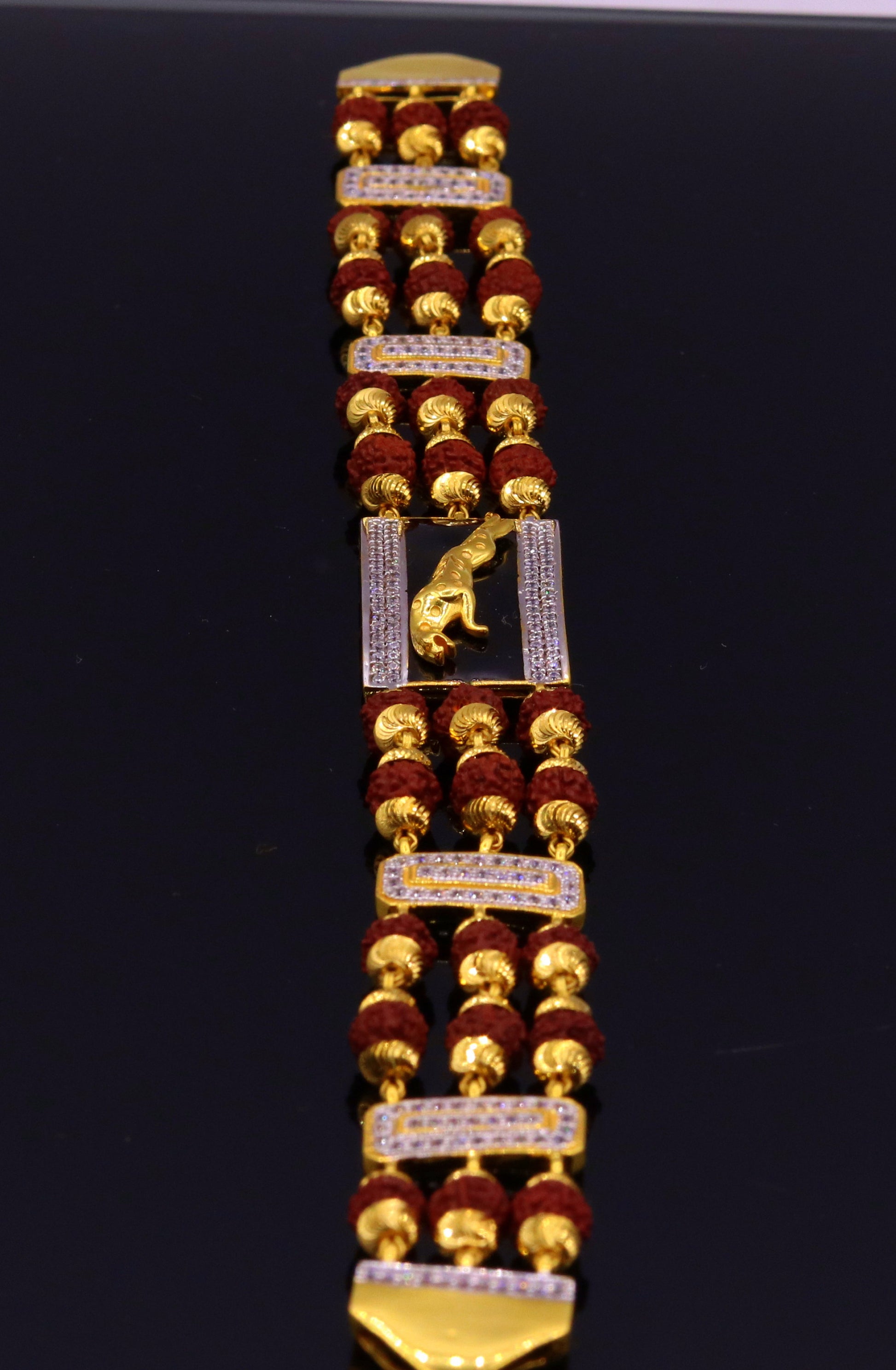 Genuine 22k yellow gold handmade top class natural rudraksha beads bracelet with fabulous tiger design men's jewelry - TRIBAL ORNAMENTS
