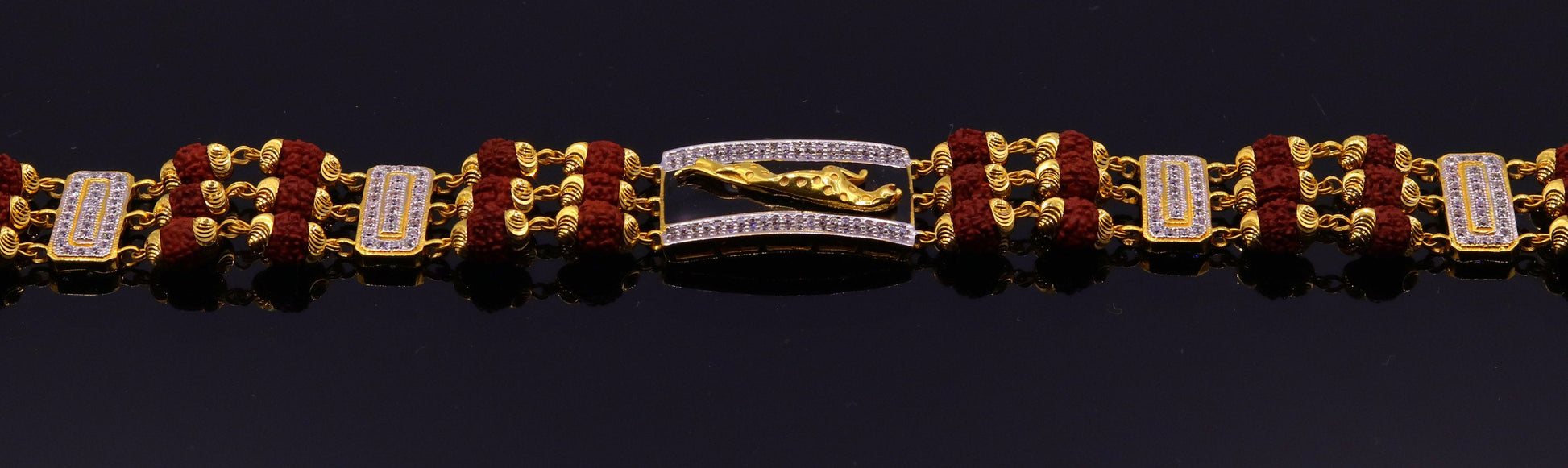 Genuine 22k yellow gold handmade top class natural rudraksha beads bracelet with fabulous tiger design men's jewelry - TRIBAL ORNAMENTS