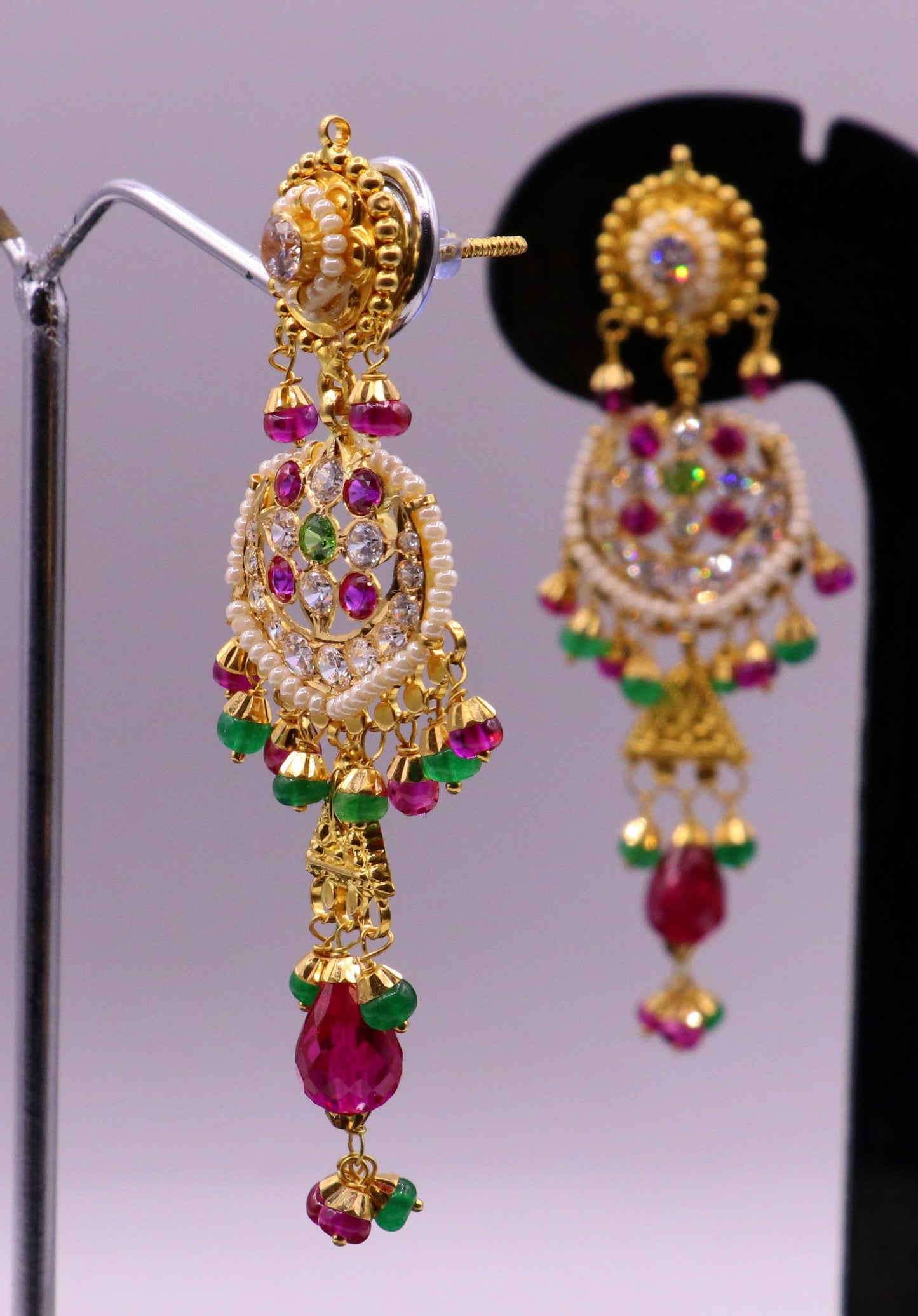 Indian authentic handmade 22karat yellow gold fabulous punjabi muslim style stud earrings dangling with fabulous color stone women's jewelry - TRIBAL ORNAMENTS