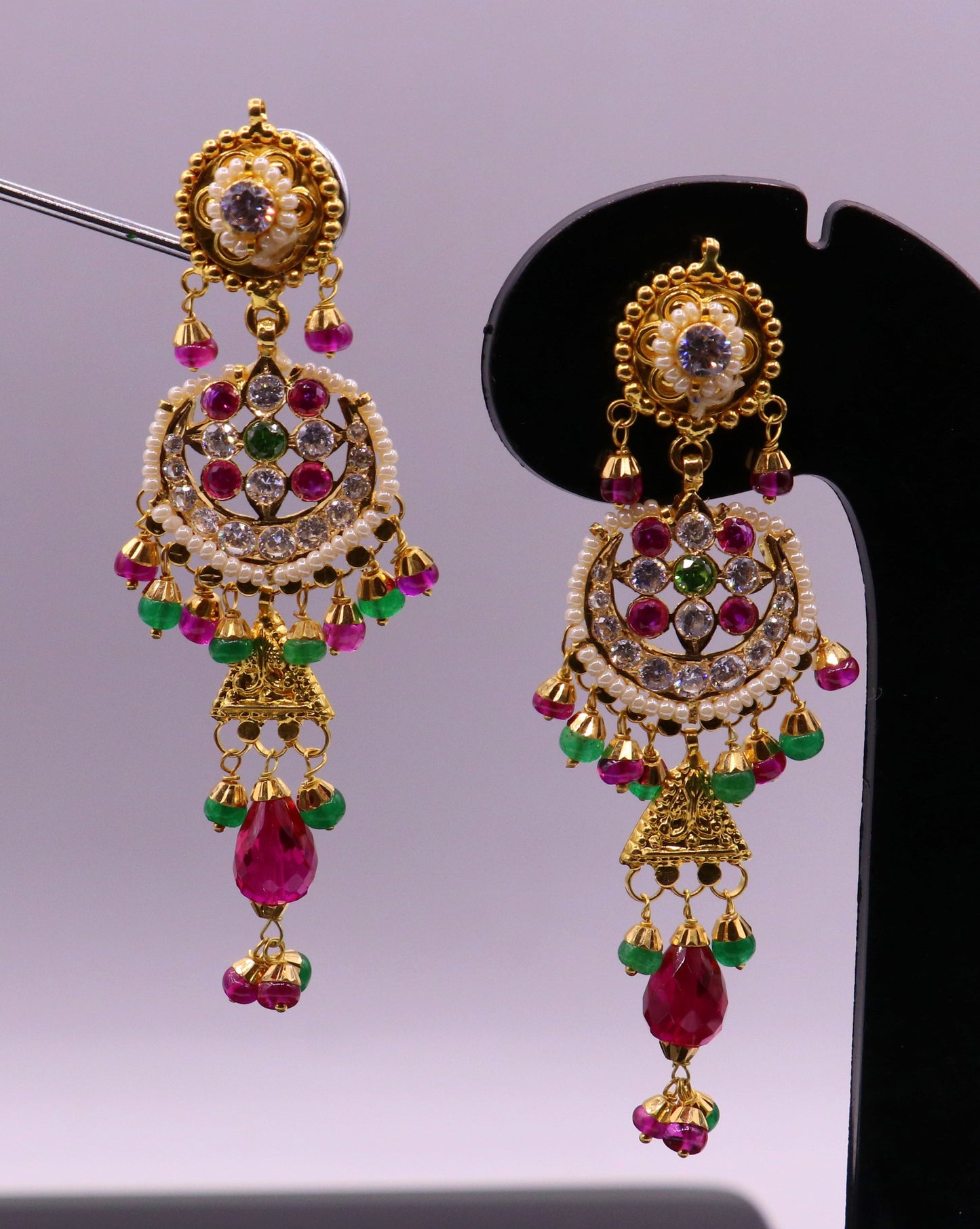 Indian authentic handmade 22karat yellow gold fabulous punjabi muslim style stud earrings dangling with fabulous color stone women's jewelry - TRIBAL ORNAMENTS