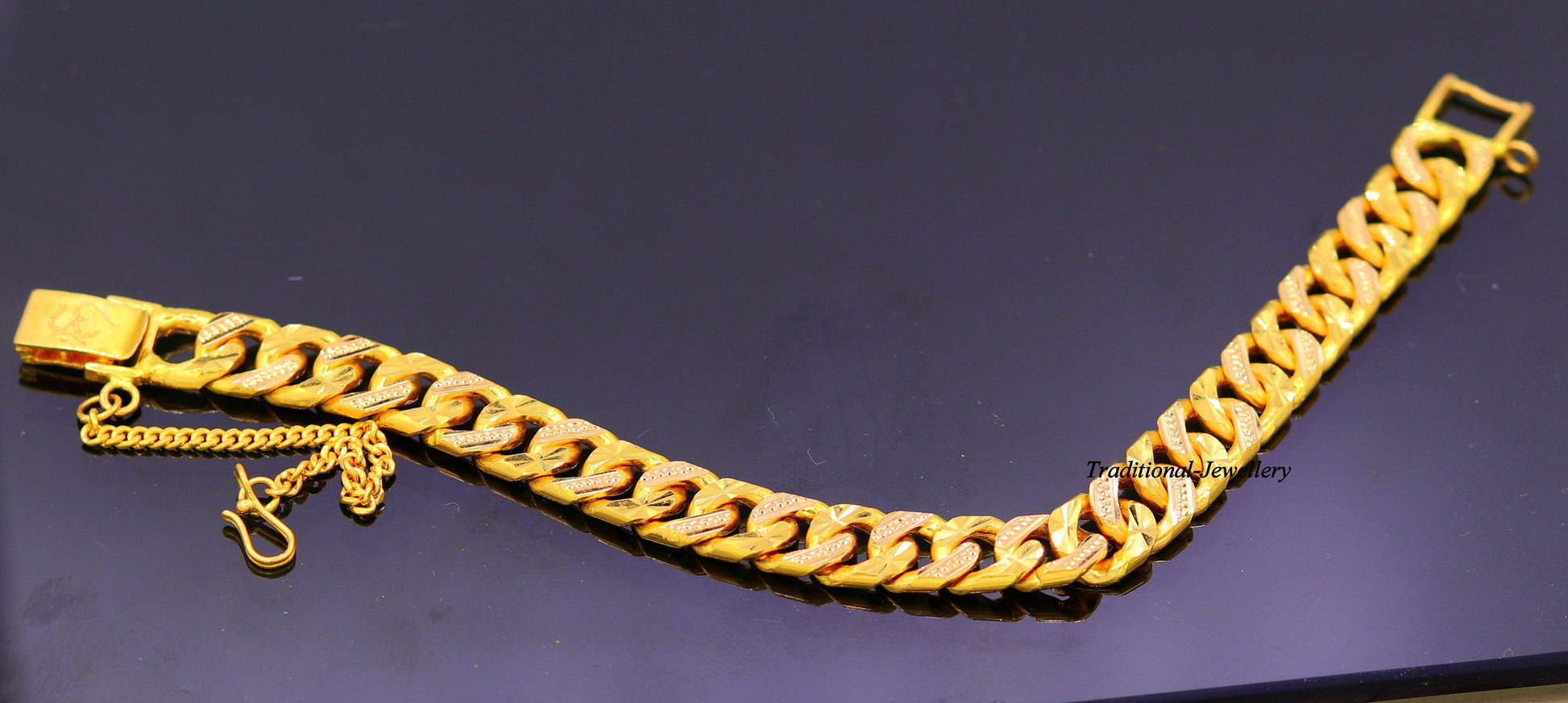 Authentic 22kt yellow gold handmade solid gold curb cuban link chain bracelet fabulous diamond cut design men's jewelry br21 - TRIBAL ORNAMENTS