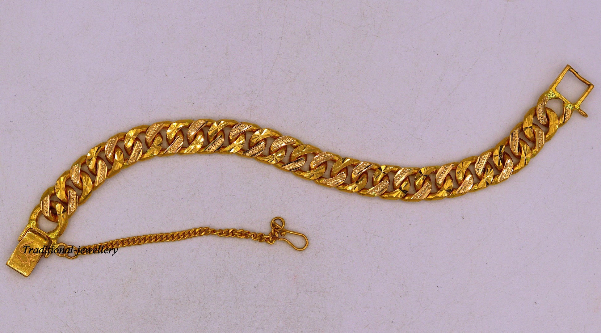 Authentic 22kt yellow gold handmade solid gold curb cuban link chain bracelet fabulous diamond cut design men's jewelry br21 - TRIBAL ORNAMENTS