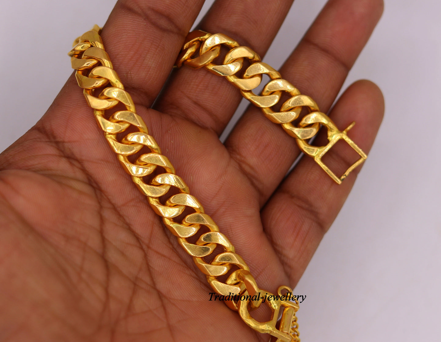 Vintage Om Aum 22kt yellow gold handmade solid gold curb cuban link chain bracelet fabulous men's jewelry br22 - TRIBAL ORNAMENTS