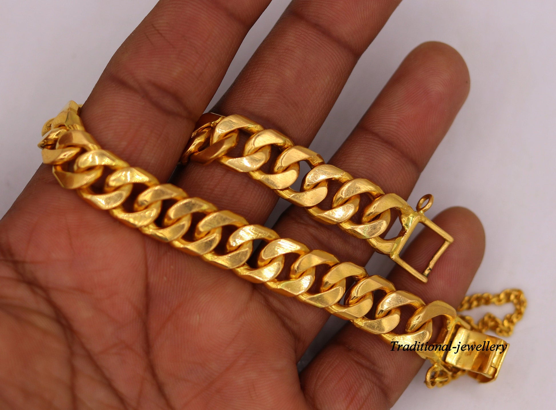Vintage Om Aum 22kt yellow gold handmade solid gold curb cuban link chain bracelet fabulous men's jewelry br22 - TRIBAL ORNAMENTS