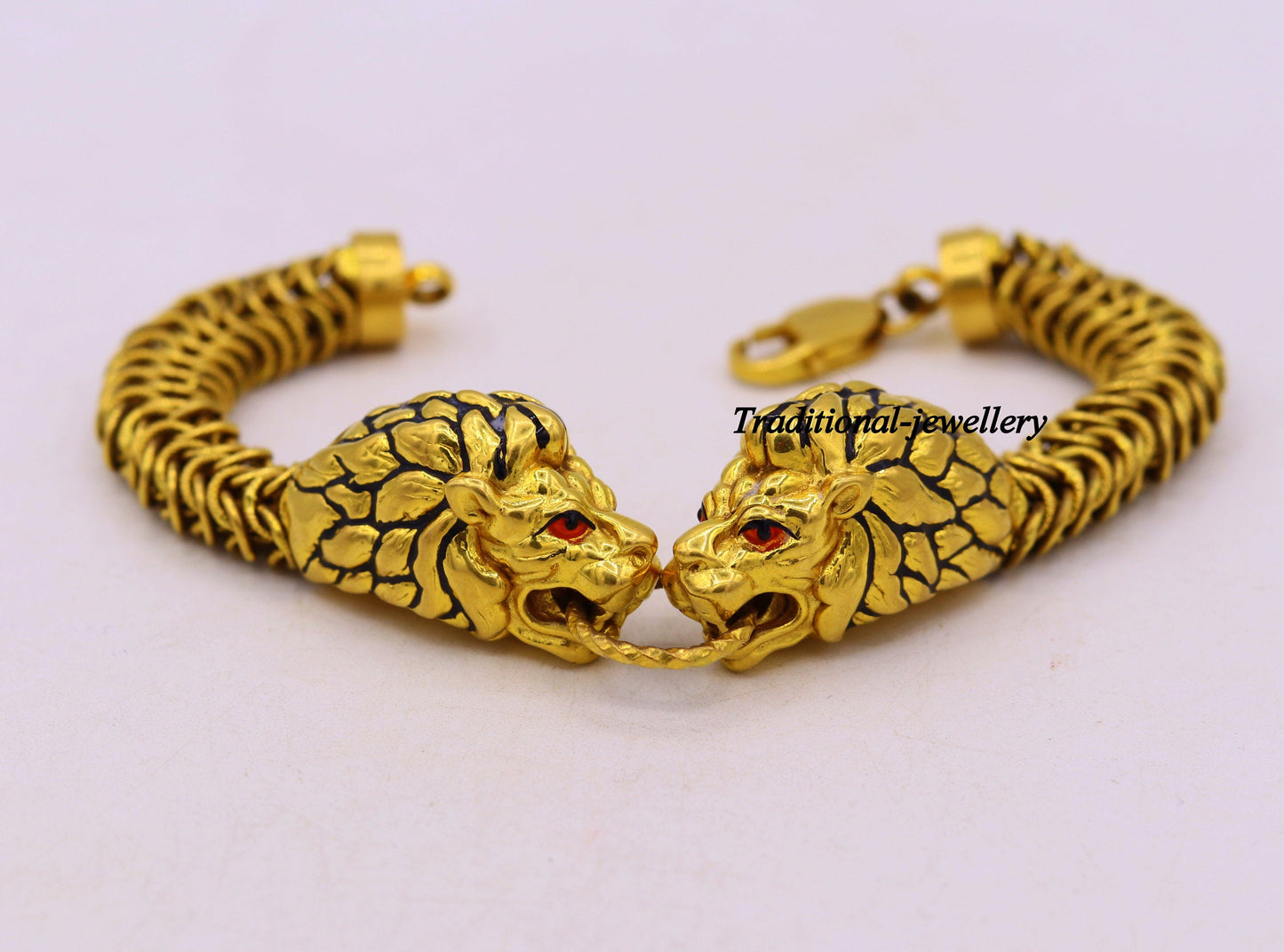 Vintage antique stylish handmade lion bracelet in solid hallmarked 22kt yellow gold men's bracelet lion face daily use jewelry - TRIBAL ORNAMENTS