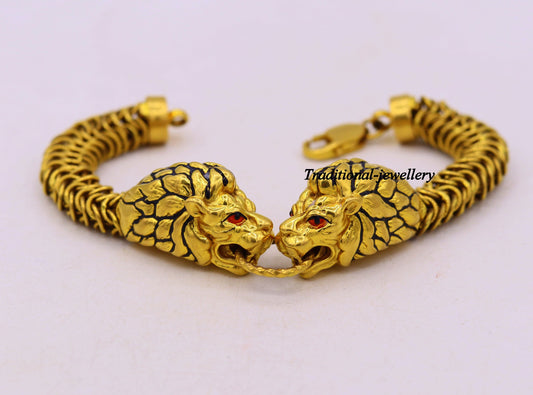 Vintage antique stylish handmade lion bracelet in solid hallmarked 22kt yellow gold men's bracelet lion face daily use jewelry - TRIBAL ORNAMENTS