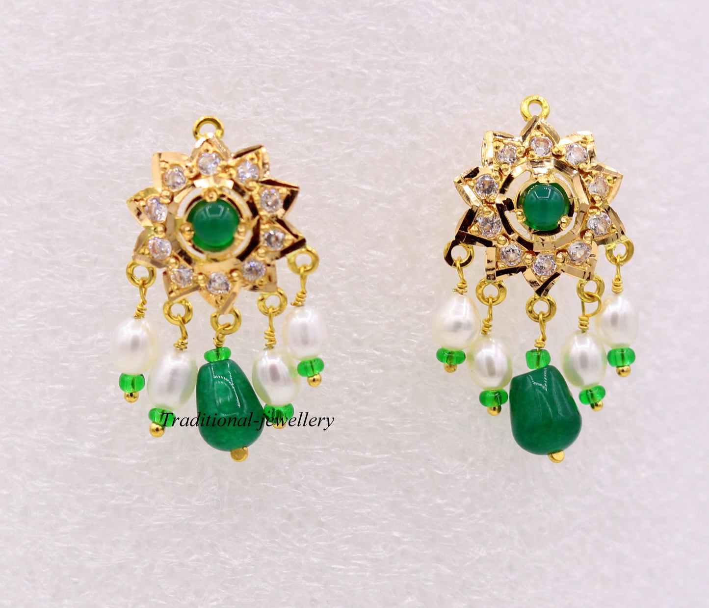 22k yellow gold handmade gorgeous green stone and pearl dangling set bridal wedding anniversary jewelry - TRIBAL ORNAMENTS