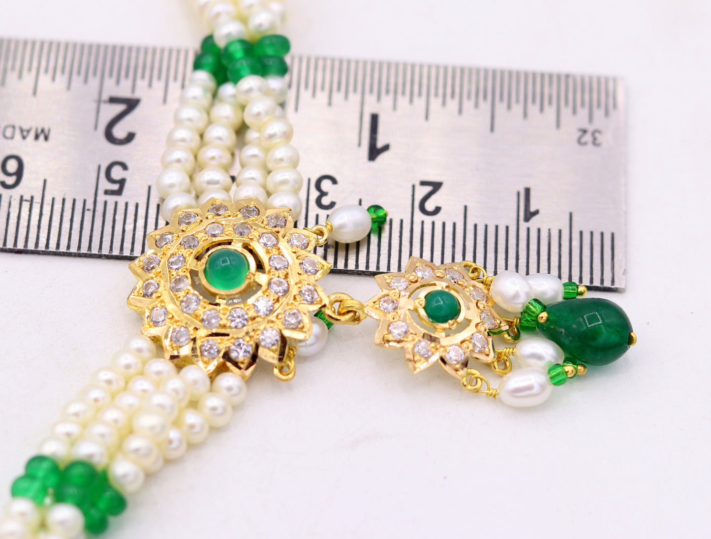 22k yellow gold handmade gorgeous green stone and pearl dangling set bridal wedding anniversary jewelry - TRIBAL ORNAMENTS