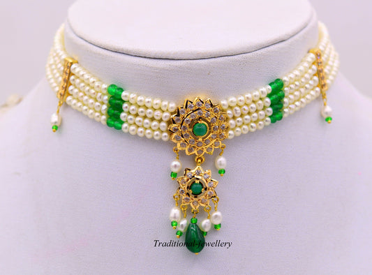 22k yellow gold handmade gorgeous green stone and pearl dangling set bridal wedding anniversary jewelry - TRIBAL ORNAMENTS