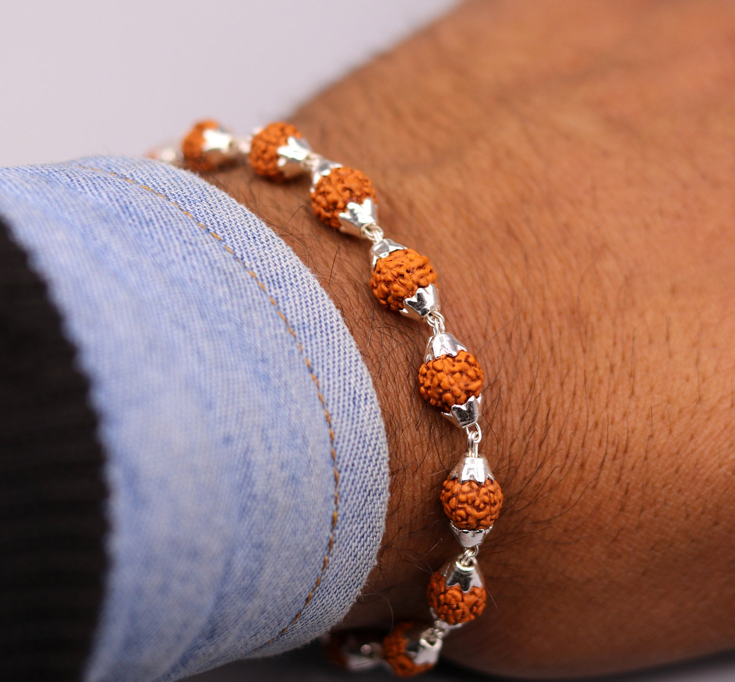 Vintage 925 sterling silver natural rudraksha beads bracelet fabulous wrist jewelry for unisex from india sbr16 - TRIBAL ORNAMENTS