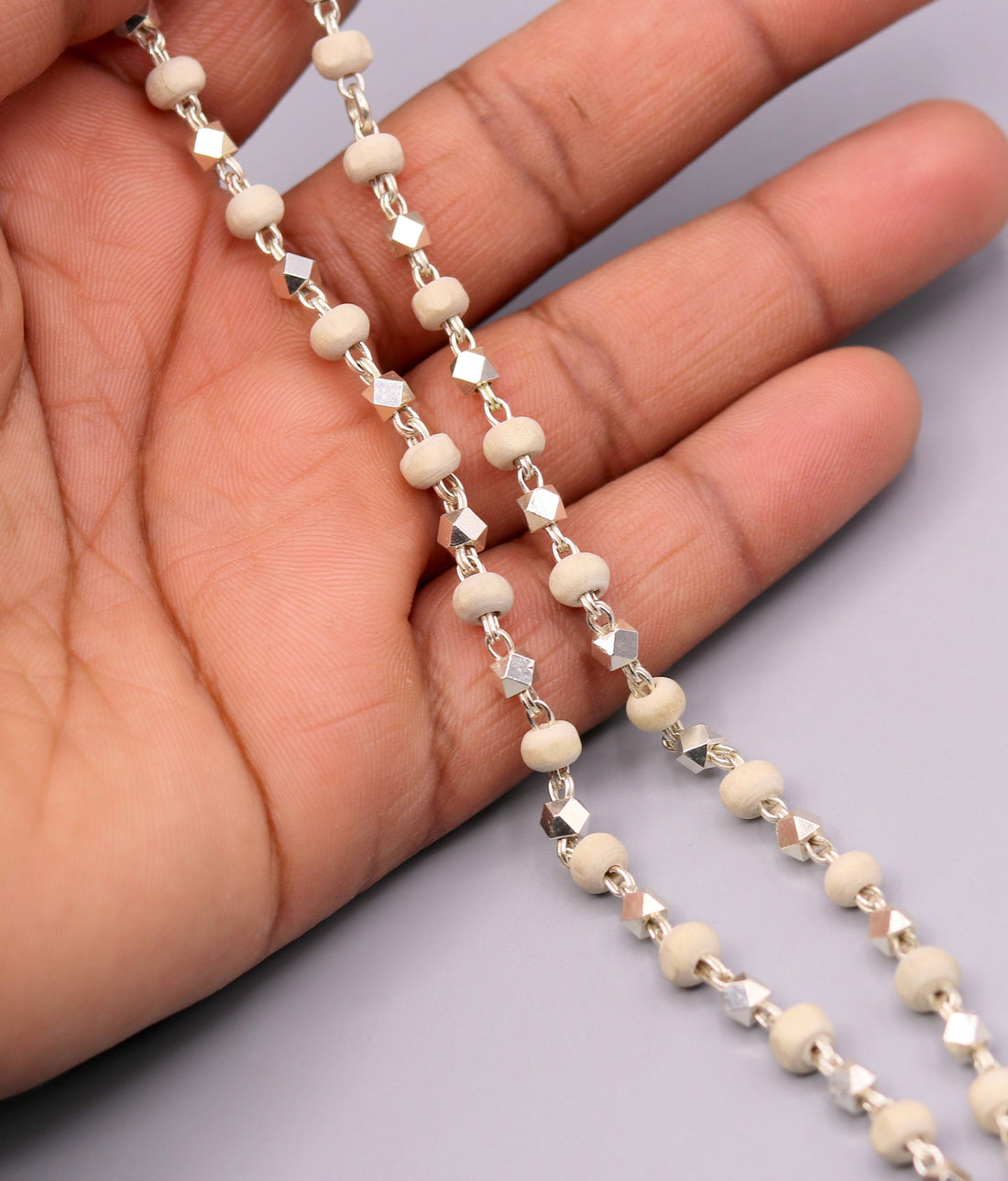 925 Silver handcrafted Basil rosary beads with silverbeads necklace chain tulsi mala use in Ayurveda for feel protected and focused ch19 - TRIBAL ORNAMENTS