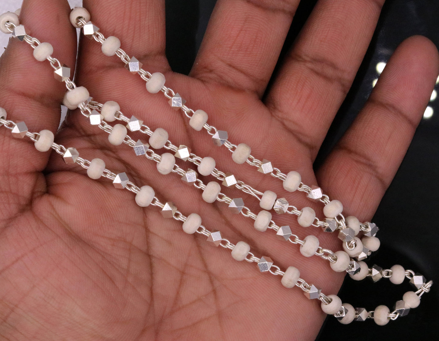 925 Silver handcrafted Basil rosary beads with silverbeads necklace chain tulsi mala use in Ayurveda for feel protected and focused ch19 - TRIBAL ORNAMENTS