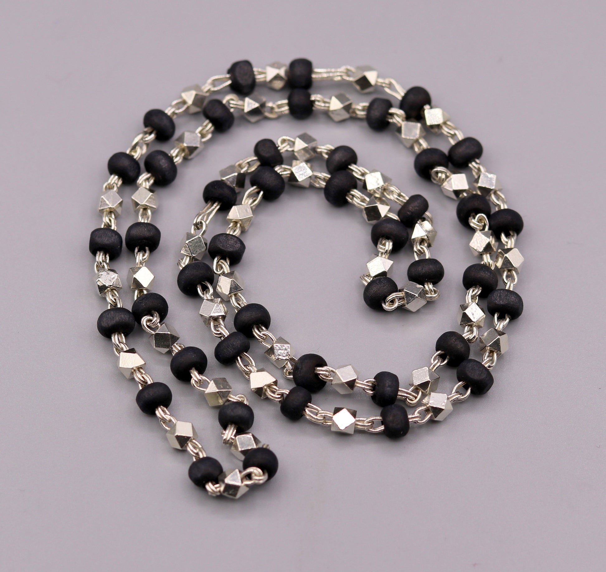 925 Silver handcrafted Black Basil rosary beads with silver beads necklace chain tulsi mala use in Ayurveda feel protected and focused ch20 - TRIBAL ORNAMENTS