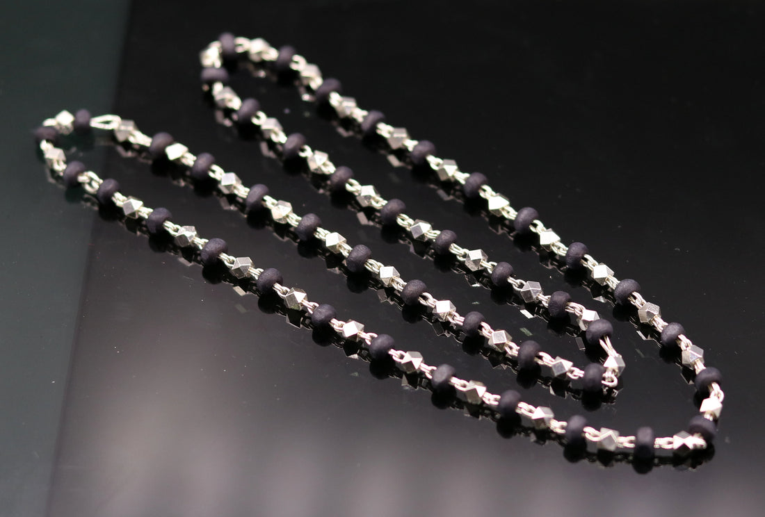925 Silver handcrafted Black Basil rosary beads with silver beads necklace chain tulsi mala use in Ayurveda feel protected and focused ch20 - TRIBAL ORNAMENTS
