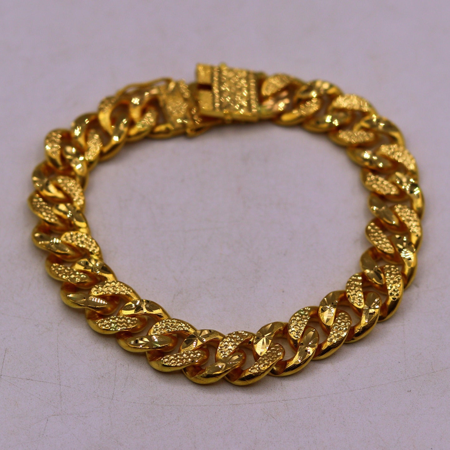 22k yellow gold solid link chain bracelet with fabulous diamond cut design unique locking system men's heavy bracelet gifting jewelry - TRIBAL ORNAMENTS