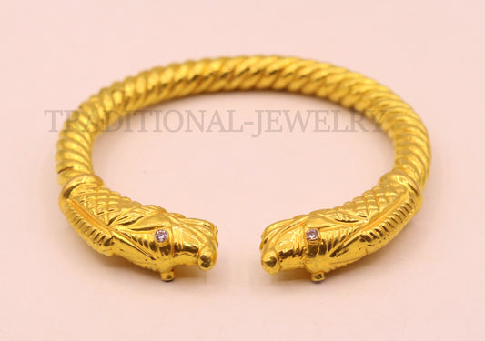 22kt yellow gold handmade crocodile face bangle bracelet kada for men's jewelry gorgeous indian antique design tribal jewelry - TRIBAL ORNAMENTS