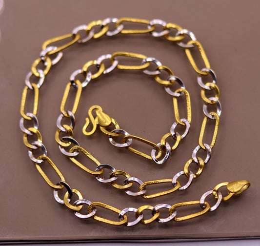 22kt yellow gold handmade chain with rhodium color design amazing figaro chain unisex gifting necklace ch190 - TRIBAL ORNAMENTS