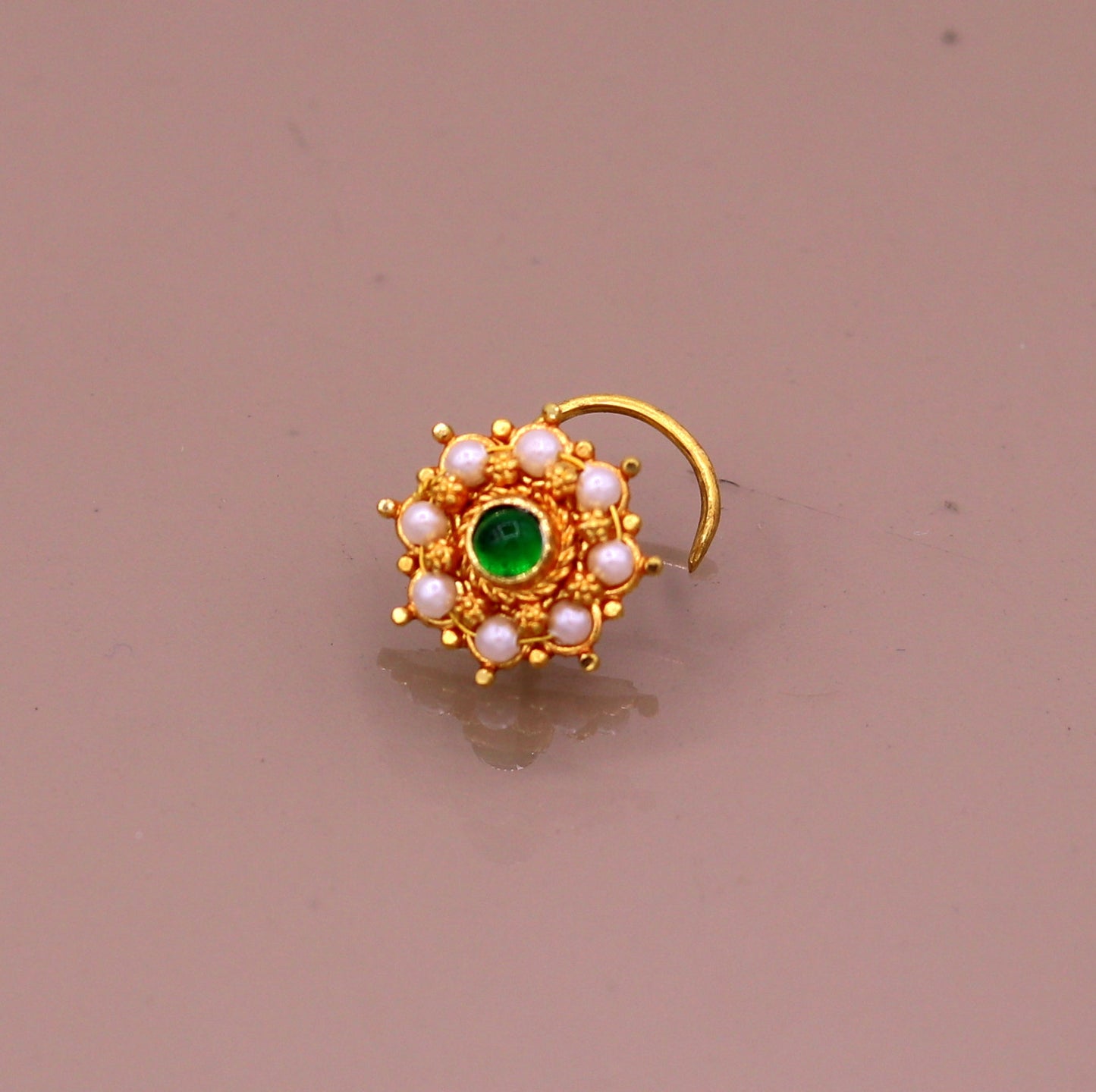 20kt ct excellent vintage antique designer nose pin pearl and green onyx stone fabulous stylish girl's women's nose pin party jewelry gnp14 - TRIBAL ORNAMENTS