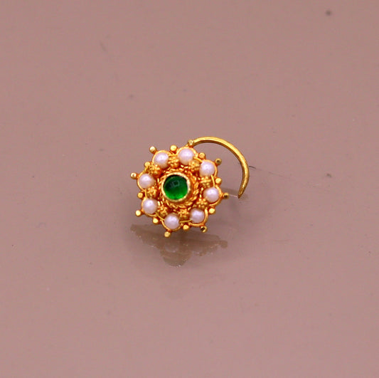 20kt ct excellent vintage antique designer nose pin pearl and green onyx stone fabulous stylish girl's women's nose pin party jewelry  gnp14 - TRIBAL ORNAMENTS