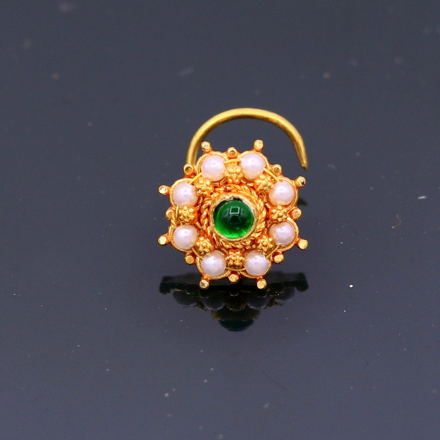 Antique design handmade gorgeous 20kt ct yellow gold awesome nose pin stud with gorgeous pearl and green onyx stone gnp14 - TRIBAL ORNAMENTS