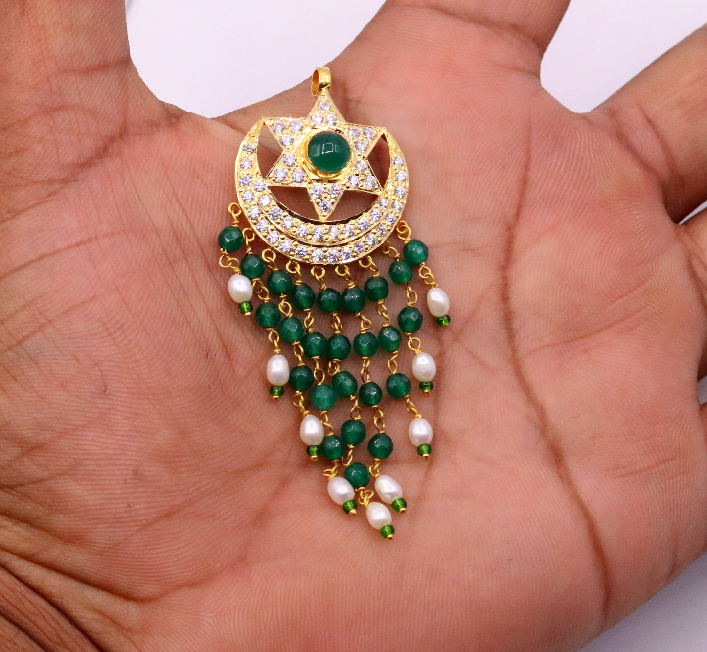 22Kt yellow gold fabulous handmade vintage style designer jadau stone pendant moon and star design pendant necklace - TRIBAL ORNAMENTS