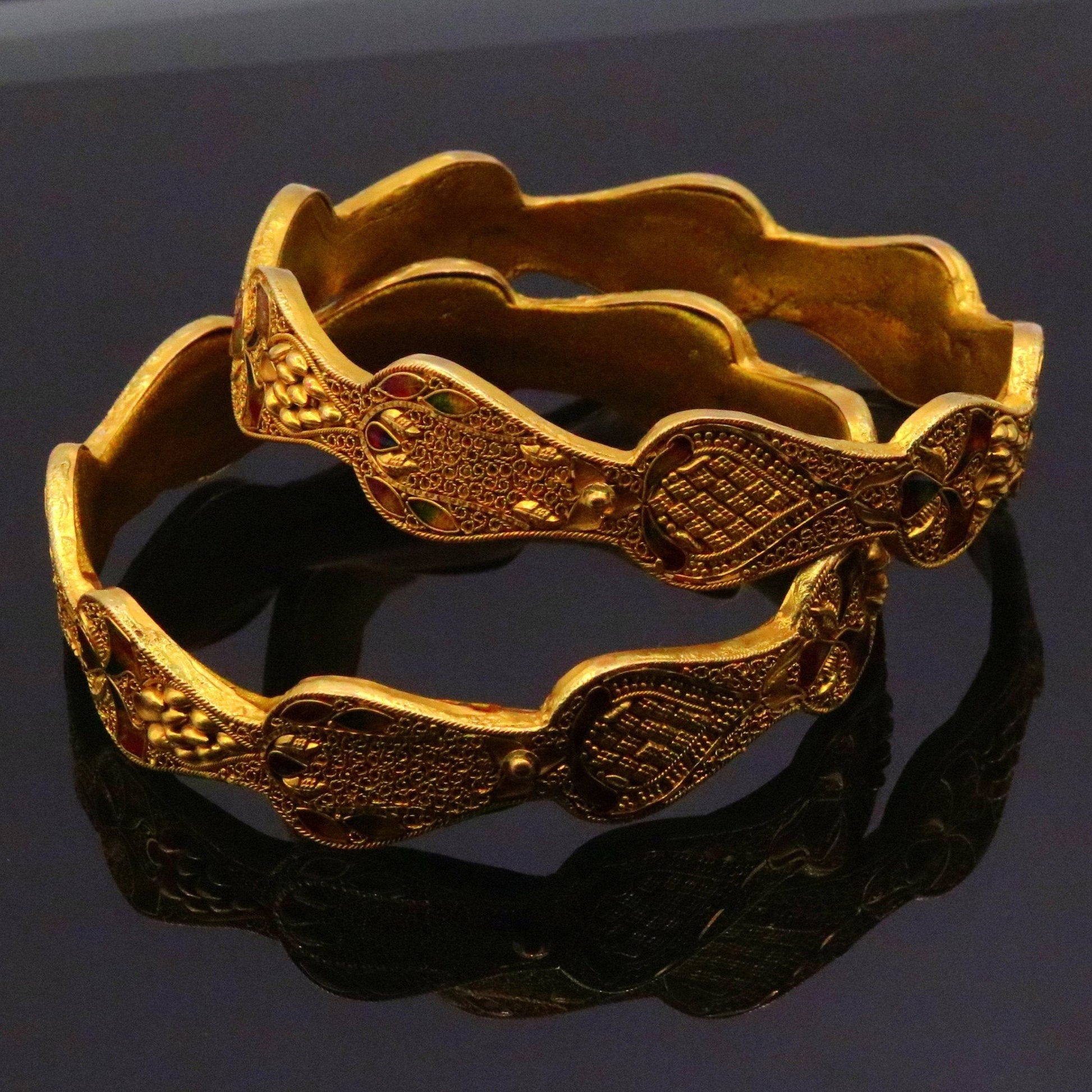 Genuine 22Kt yellow gold handmade solid filigree work bangle bracelet amazing design women's girl's bridal ba40  jewelry - TRIBAL ORNAMENTS