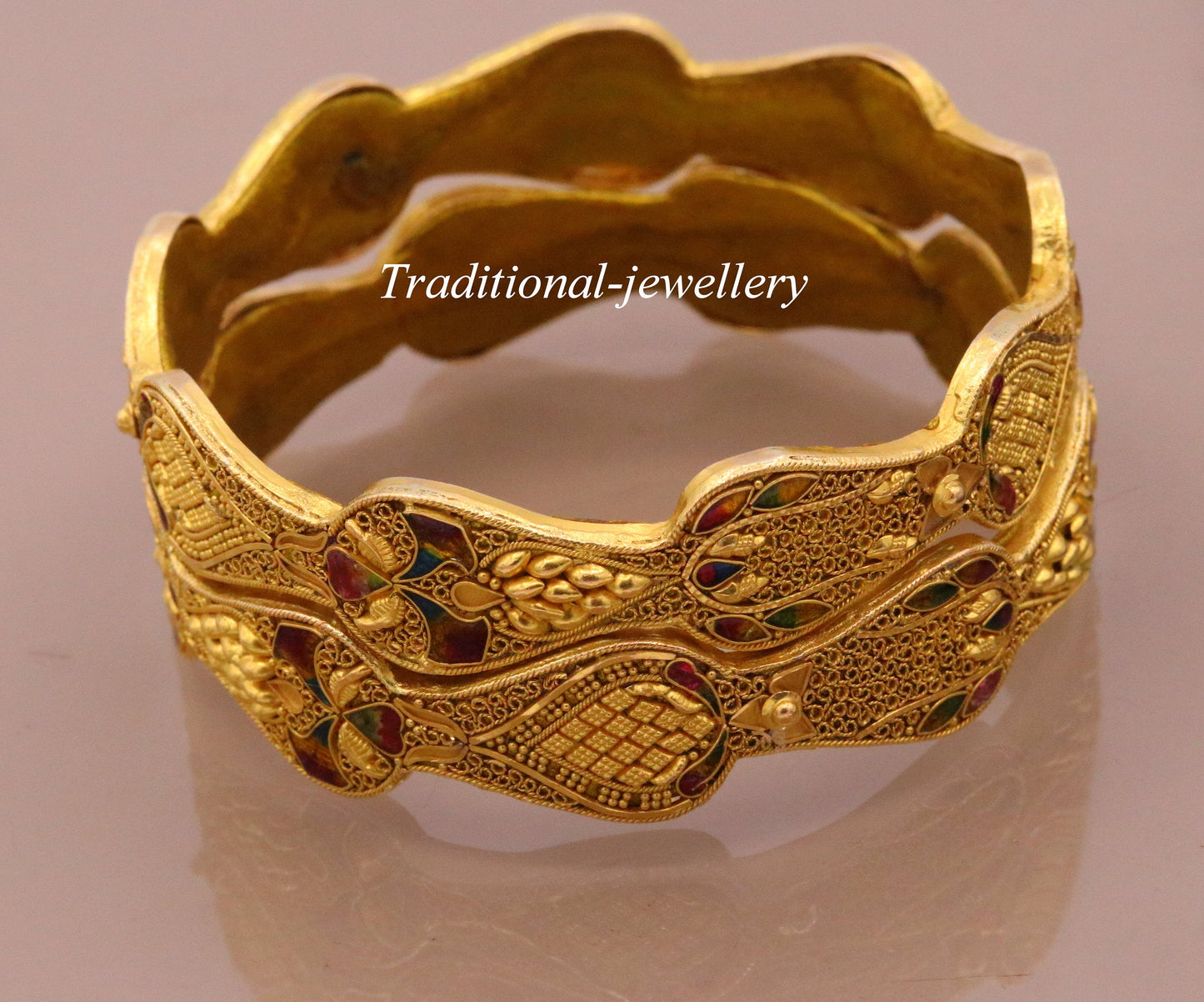 Genuine 22Kt yellow gold handmade solid filigree work bangle bracelet amazing design women's girl's bridal ba40  jewelry - TRIBAL ORNAMENTS