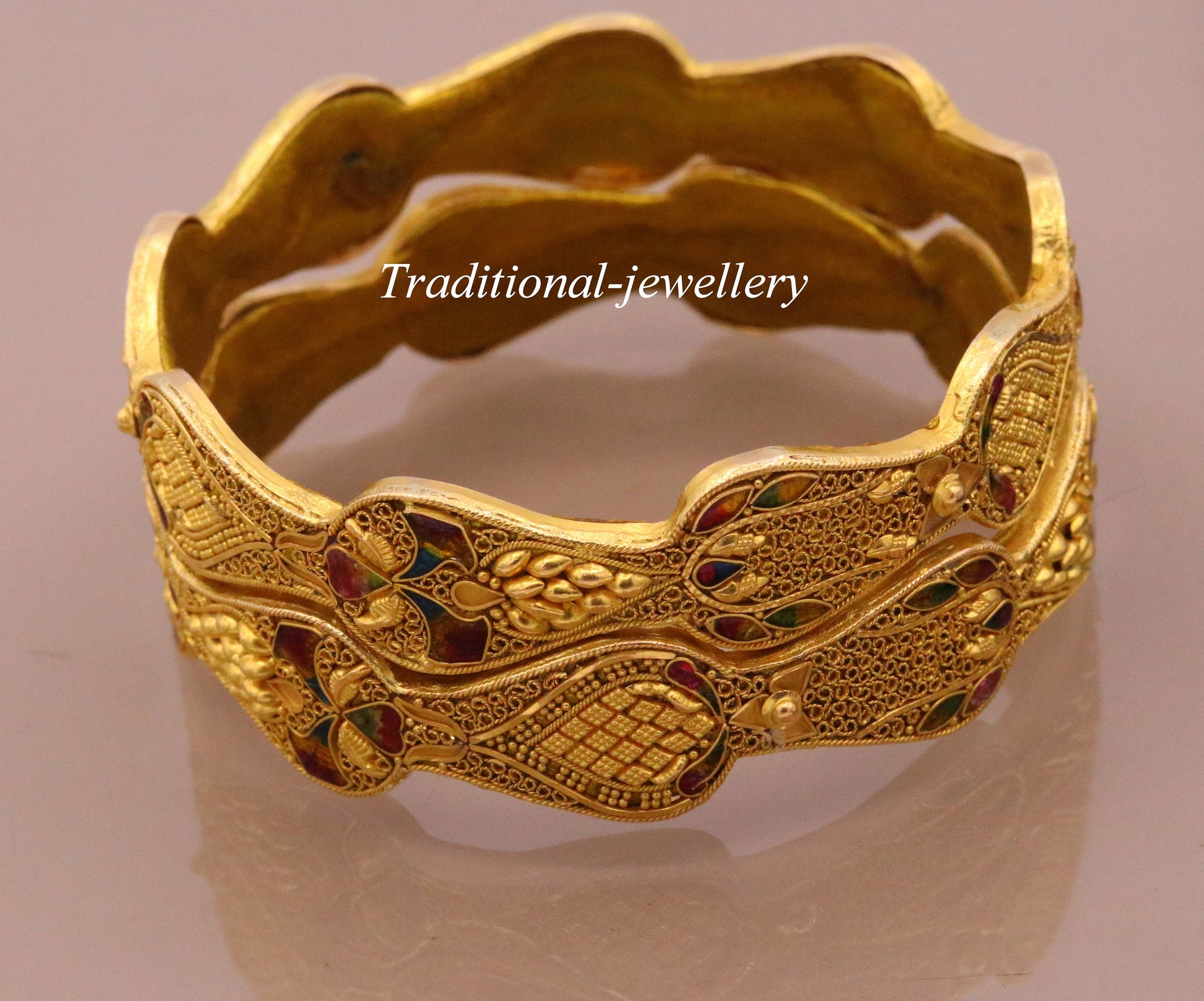 Genuine 22Kt yellow gold handmade solid filigree work bangle bracelet amazing design women's girl's bridal ba40  jewelry - TRIBAL ORNAMENTS