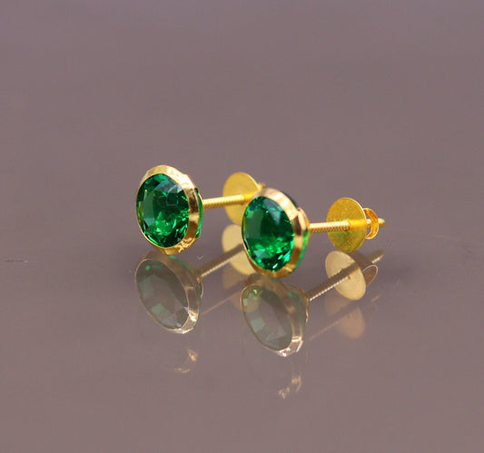 Genuine 18k yellow gold handmade fabulous green stone excellent antique vintage design stud earrings pair unisex jewelry er86 - TRIBAL ORNAMENTS