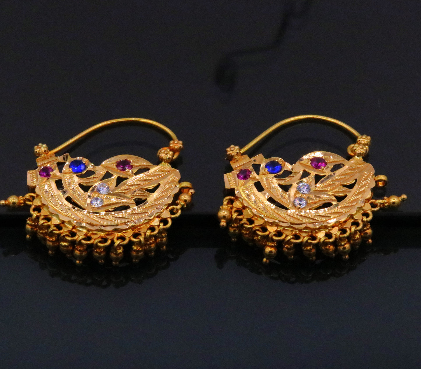 vintage antique handmade 22karat yellow gold solid tribal style hanging bells earrings hoops india jewelry - TRIBAL ORNAMENTS
