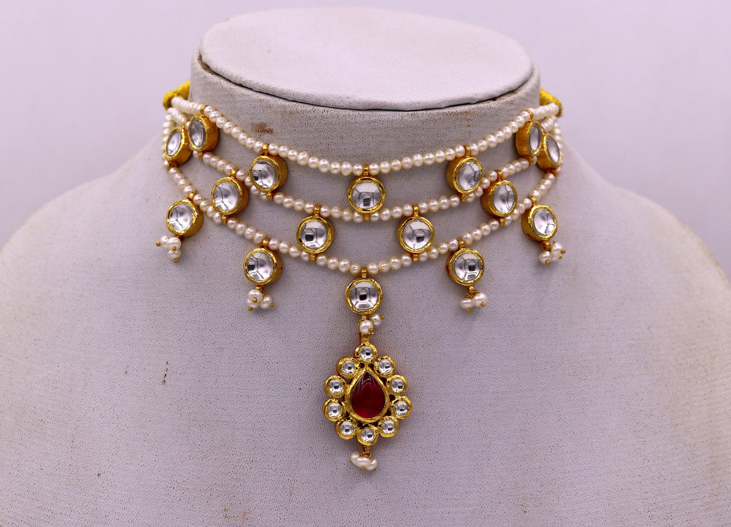 22K yellow gold handmade traditional Rajput antique style solid gold necklace with gorgeous tiny peal stone from Rajasthan India - TRIBAL ORNAMENTS