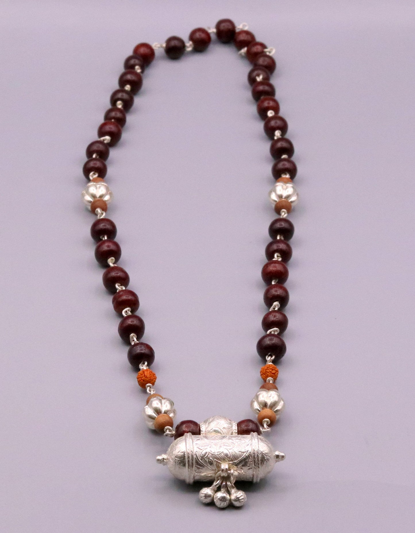 Vintage design hamdade solid silver handamde sandalwood and rudraksha beads tribal amulet pendant with hanging bells necklace jewelry set36 - TRIBAL ORNAMENTS