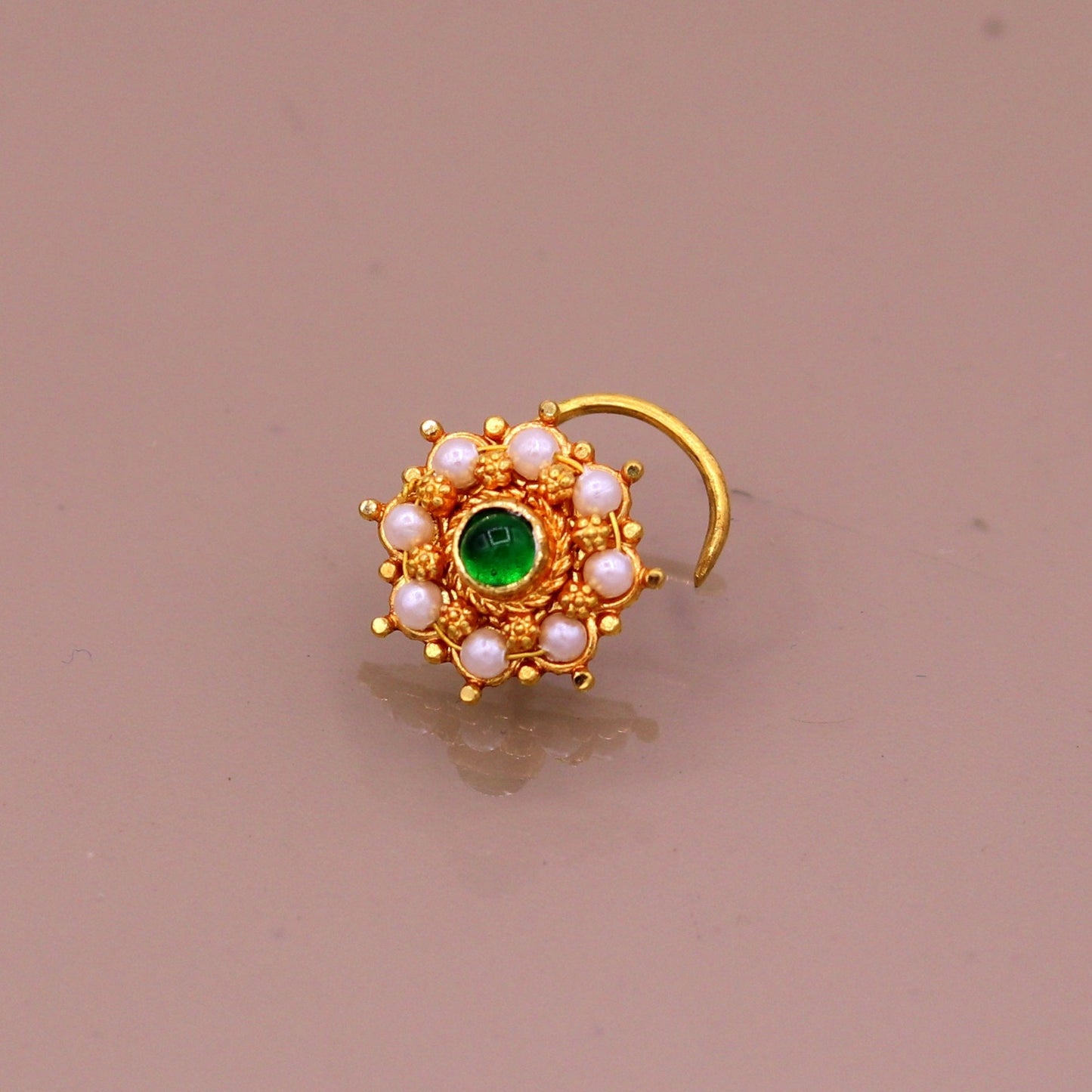 Antique design handmade gorgeous 20kt ct yellow gold awesome nose pin stud with gorgeous pearl and green onyx stone gnp14 - TRIBAL ORNAMENTS