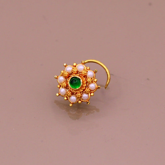 Antique design handmade gorgeous 20kt ct  yellow gold awesome nose pin stud with gorgeous pearl and green onyx stone gnp14 - TRIBAL ORNAMENTS