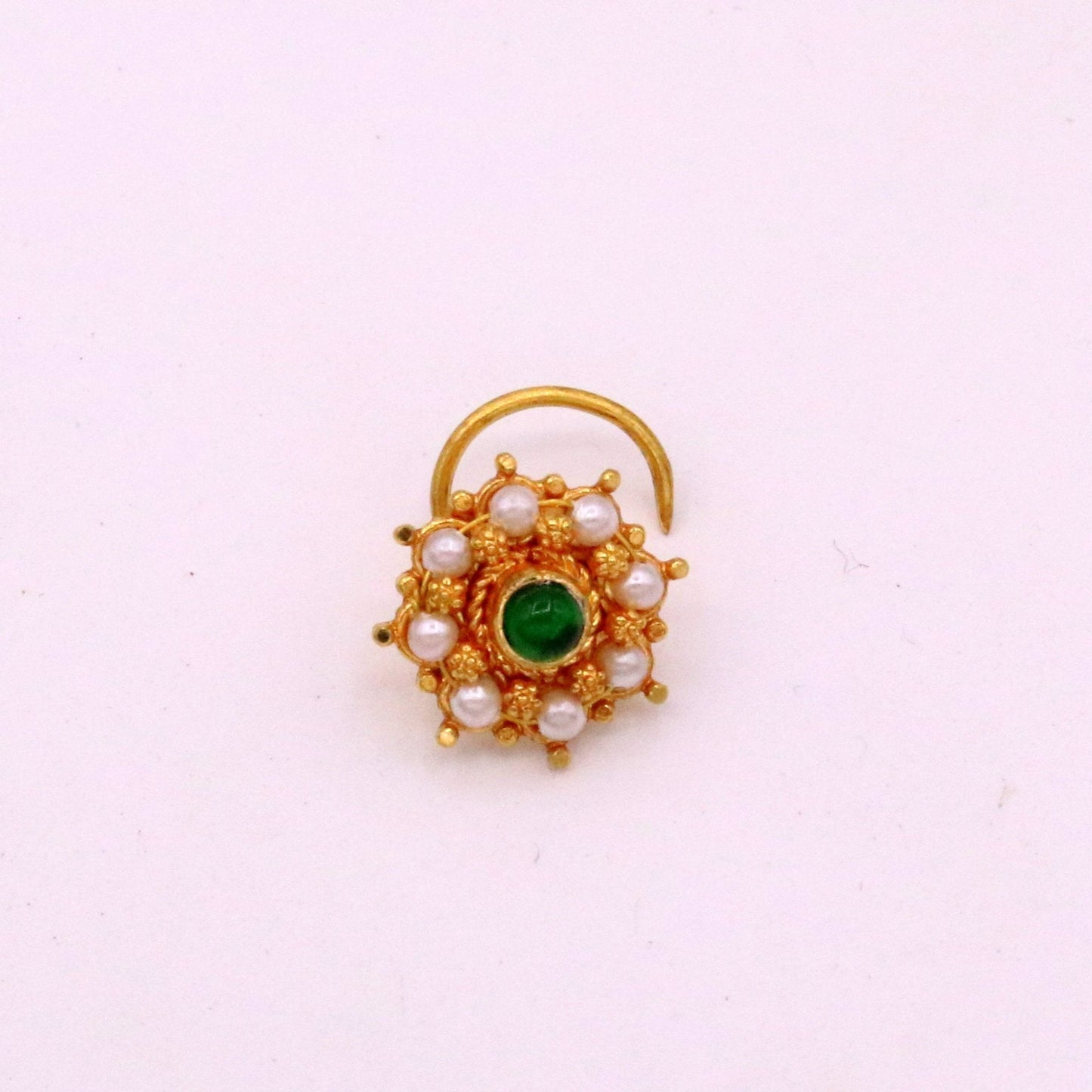 Antique design handmade gorgeous 20kt ct yellow gold awesome nose pin stud with gorgeous pearl and green onyx stone gnp14 - TRIBAL ORNAMENTS