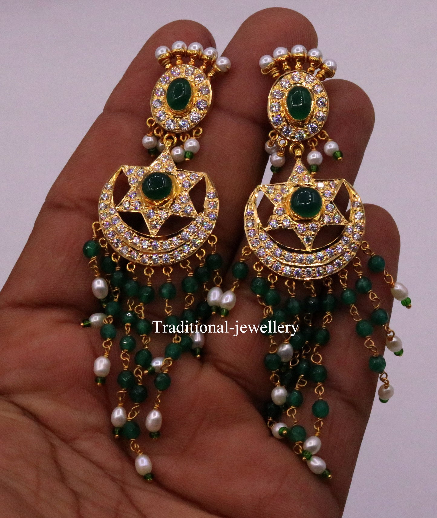 22kt yellow gold handmade gorgeous earrings drop dangle earrings pair chandbala with color beads bridal look jewelry er85 - TRIBAL ORNAMENTS