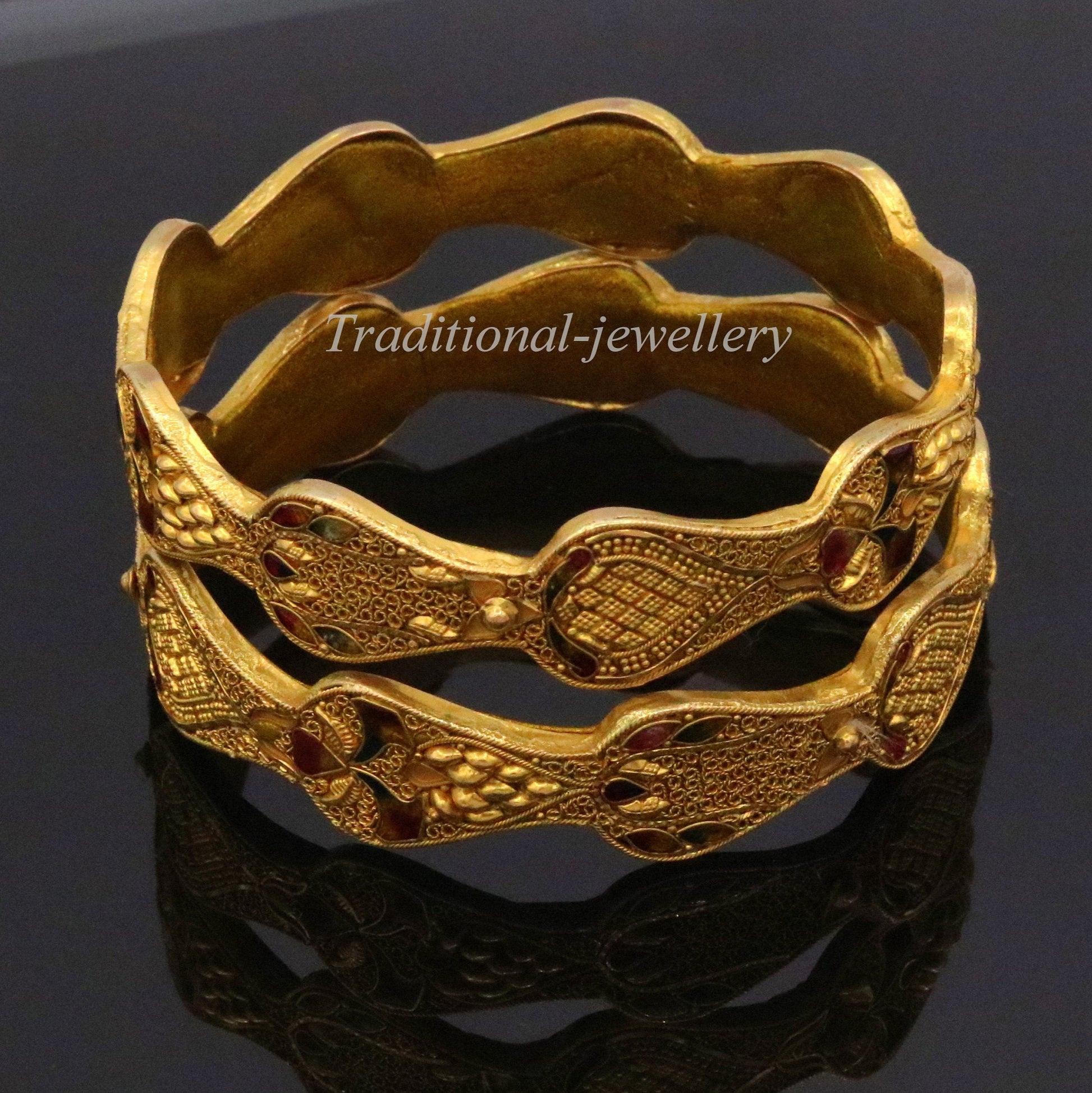Genuine 22Kt yellow gold handmade solid filigree work bangle bracelet amazing design women's girl's bridal ba40  jewelry - TRIBAL ORNAMENTS