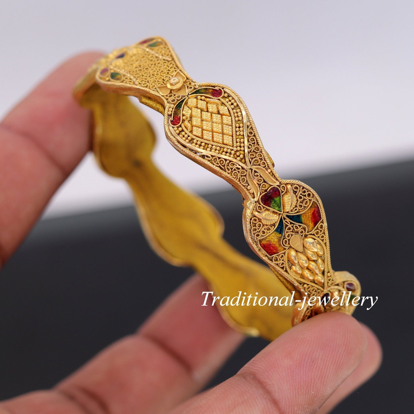 Genuine 22Kt yellow gold handmade solid filigree work bangle bracelet amazing design women's girl's bridal ba40  jewelry - TRIBAL ORNAMENTS