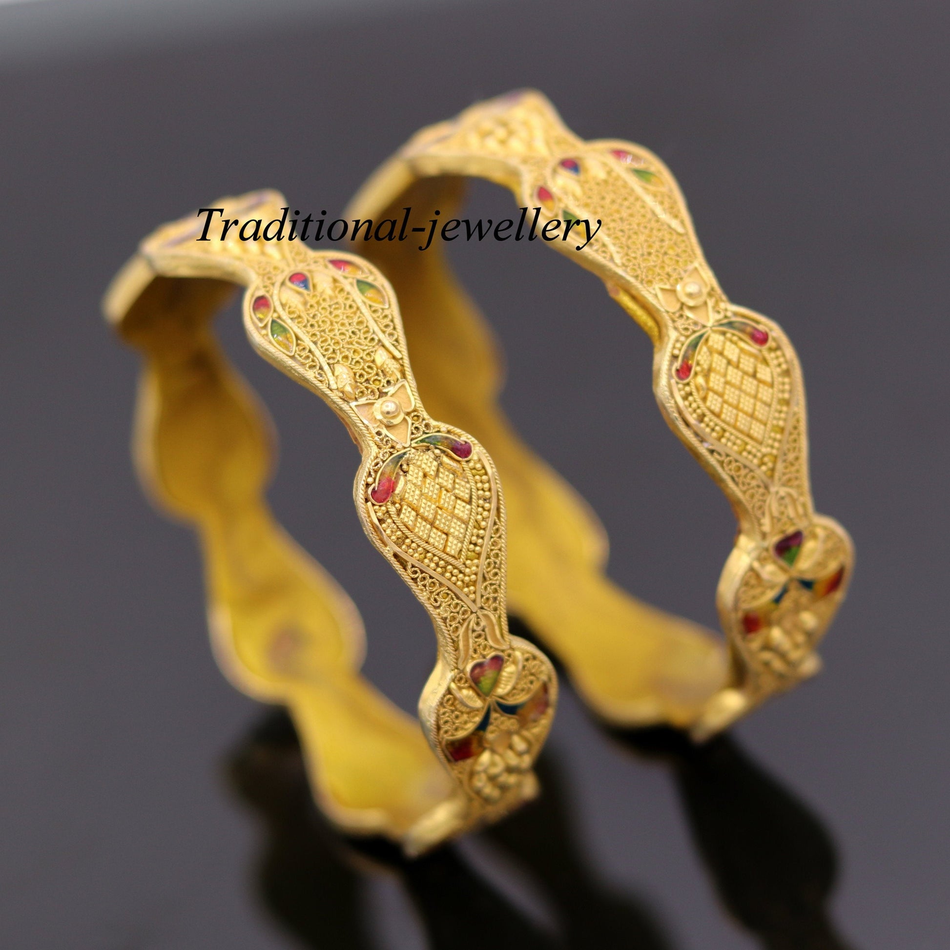 Genuine 22Kt yellow gold handmade solid filigree work bangle bracelet amazing design women's girl's bridal ba40  jewelry - TRIBAL ORNAMENTS