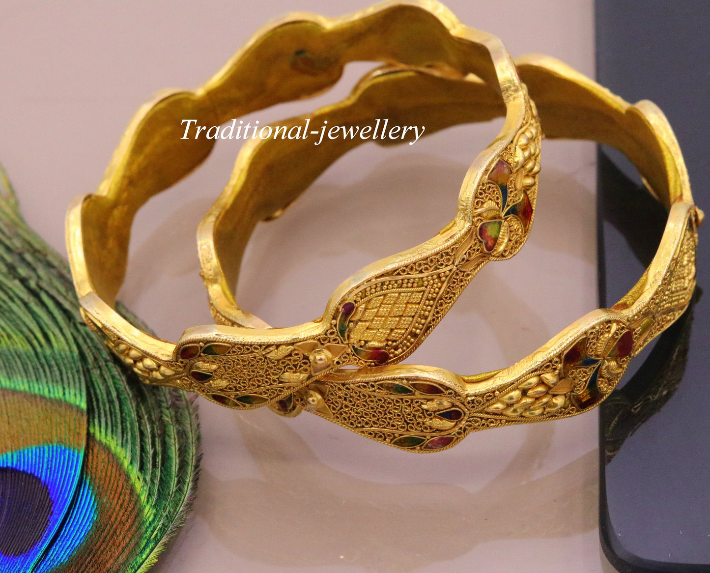 Genuine 22Kt yellow gold handmade solid filigree work bangle bracelet amazing design women's girl's bridal ba40  jewelry - TRIBAL ORNAMENTS