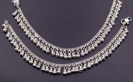 Vintage  antique style sterling silver handmade solid chain ankle bracelet with amazing noisy jingle bells belly genuine jewelry ank12 - TRIBAL ORNAMENTS